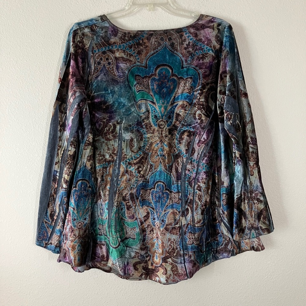 ONE WORLD Velour V-neck Top 2X Flare Sleeve Mixed Print Fairy Grunge Whimsigoth - Picture 10 of 12